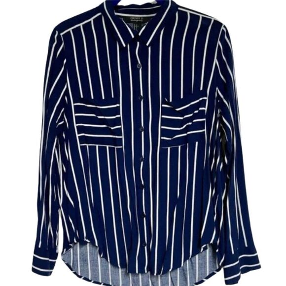 NWOT Forever 21 Womens Long Sleeve Button Down Shirt Blue Striped - Large - Picture 1 of 6